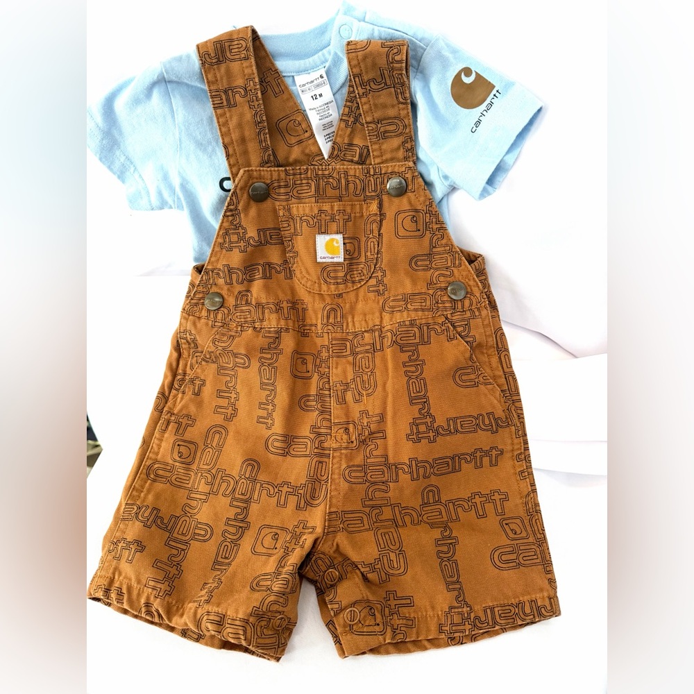 CARHARTT  Logo Print Kids Overalls in Tan with onesie shirt